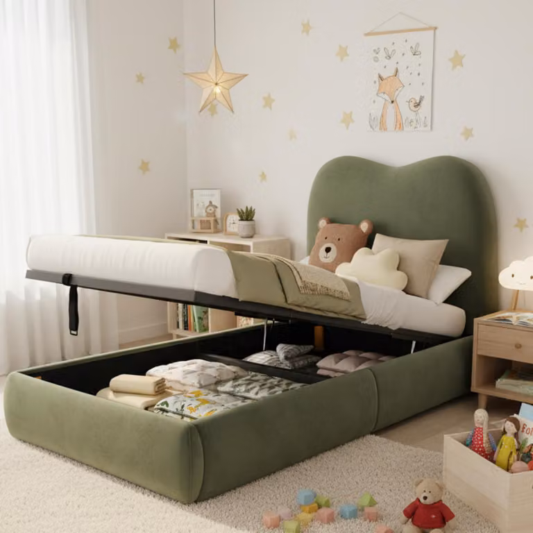 MODFU letto imbottito 90x200 struttura letto con schienale addensato, struttura letto giovane con testata e ampio spazio di archiviazione, letto singolo con rete a doghe con materasso, verde