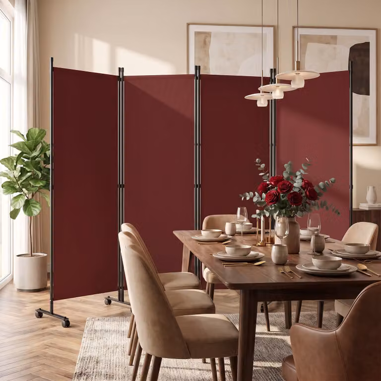 Paravento divisorio Costway con 4 pannelli su ruote in metallo per soggiorno, disponibile in marrone o rosso