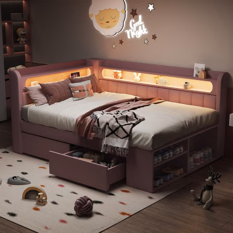 Divano letto Flieks 90x200 cm con porta USB, divano letto per ragazzi con illuminazione a LED, letto singolo in legno con cassetti e scarpiera, lettino per bambini rosa