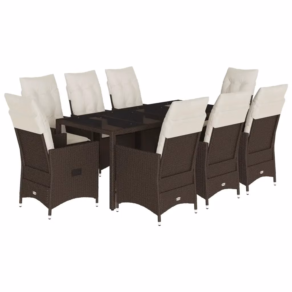 Set da Pranzo da Giardino vidaXL in Polyrattan Marrone con Cuscini Bianchi e Tavolo in Vetro, 9 Pezzi – 2