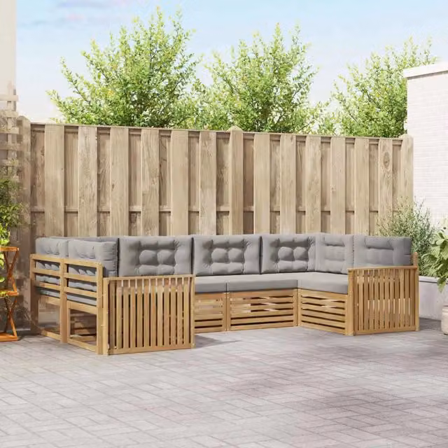Set di divani da esterno a L vidaXL in legno di acacia con cuscini, Bianco e Grigio