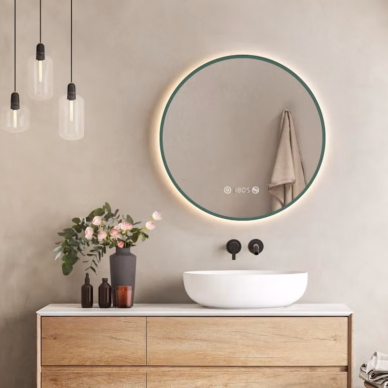 Specchio da bagno LED rotondo, diametro 60 cm, verde scuro, antiappannamento, grado di protezione IP44