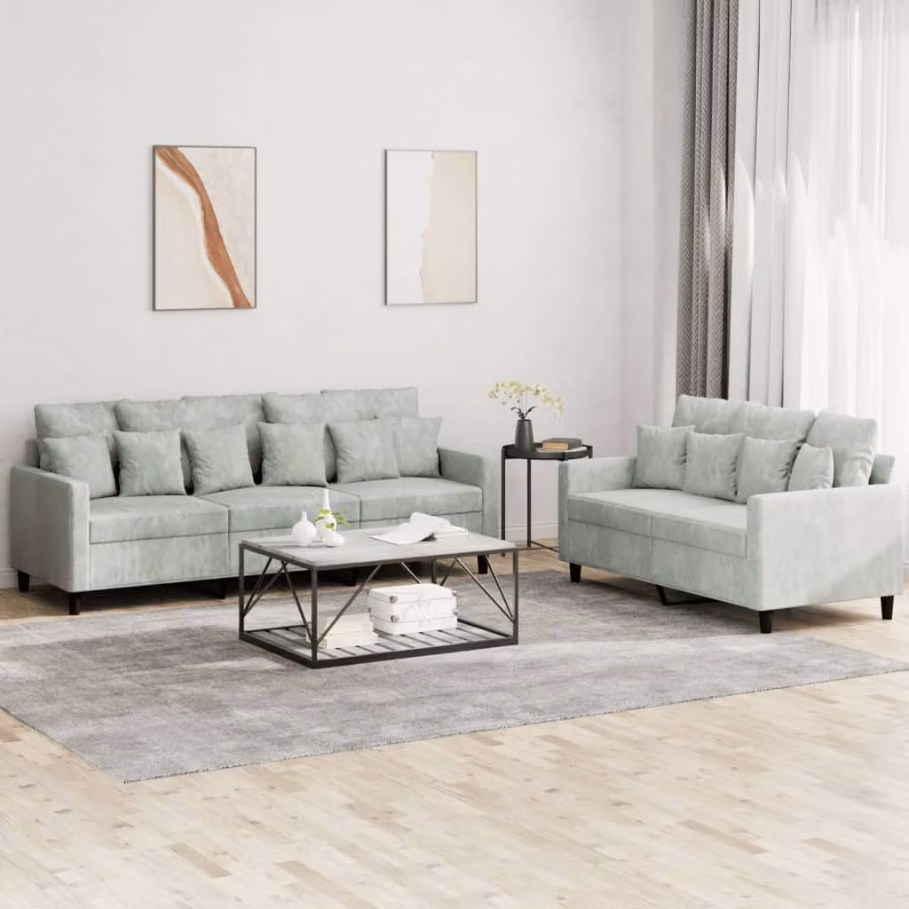 Set di divani vidaXL da 2 posti e 3 posti in velluto grigio con cuscini per soggiorno moderno – 1