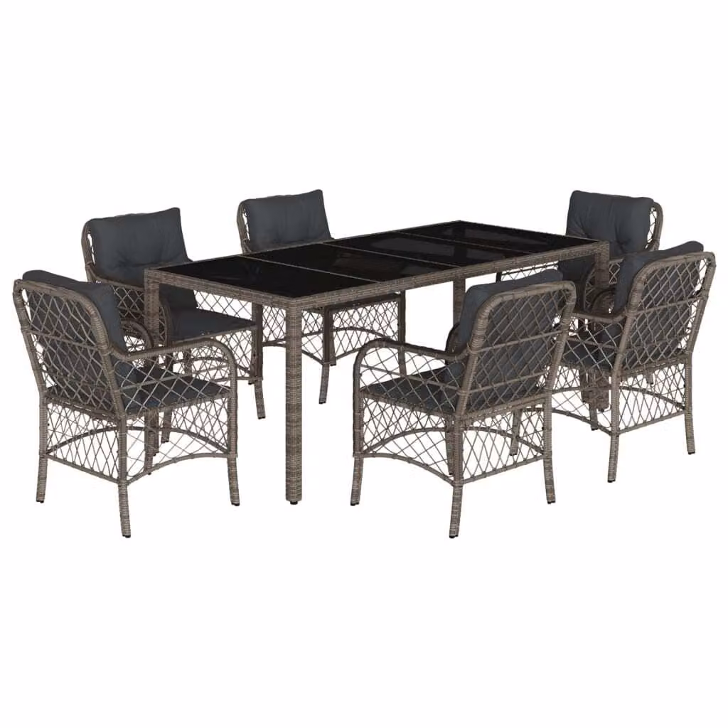 Set da Pranzo da Giardino 7 pz con Cuscini in Polyrattan Grigio
