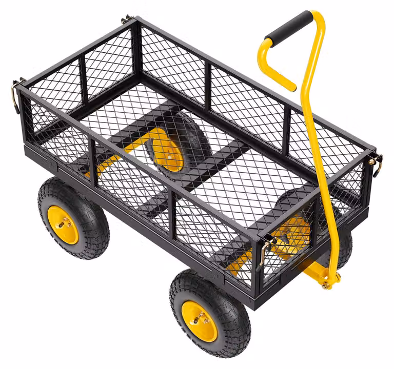 Carrello robusto SucceBuy con una capacità di carico di 226,80 kg, carrello di trasporto versatile per giardino e attrezzi, dotato di grandi pneumatici adatti a terreni accidentati, pannelli laterali in rete rimovibili e un maniglione girevole di 180°, co
