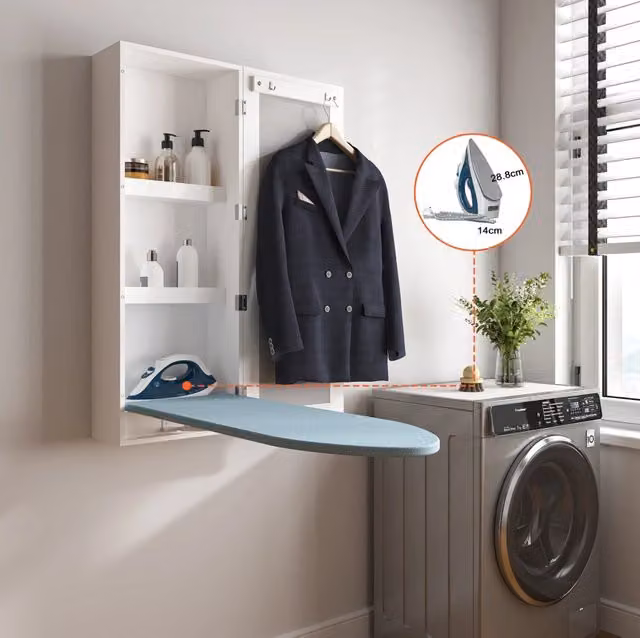 Armadio da parete ULEVR con asse da stiro integrato, specchio, 2 vani e 2 ganci, 103x44,5x24,5 cm, bianco
