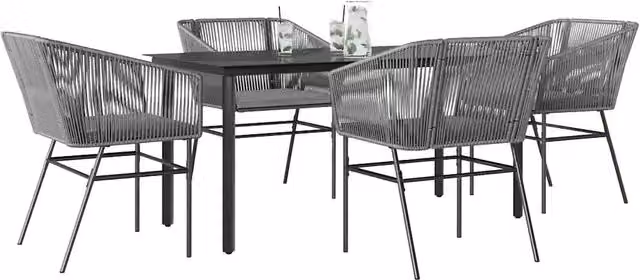 Set da pranzo da giardino vidaXL in polyrattan con cuscini e tavolo in vetro, 5 pezzi, grigio e nero