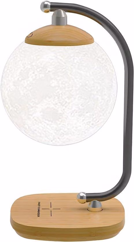 Luce notturna a LED - Lampada da scrivania con controllo touch - 4 livelli di luminosità - Protezione per gli occhi - Ricarica wireless - Design effetto legno