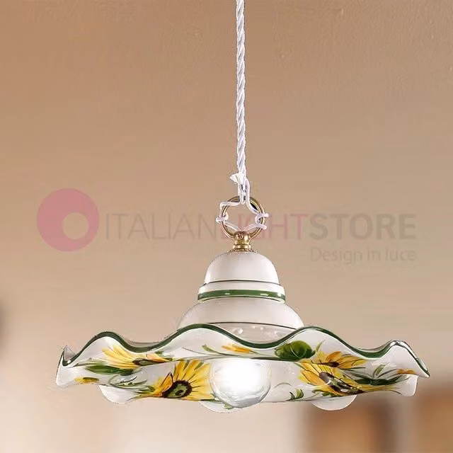 Lampada a sospensione GIRASOLE Ceramiche Borso in ceramica bianca e ottone, stile rustico country, diametro: 32 cm