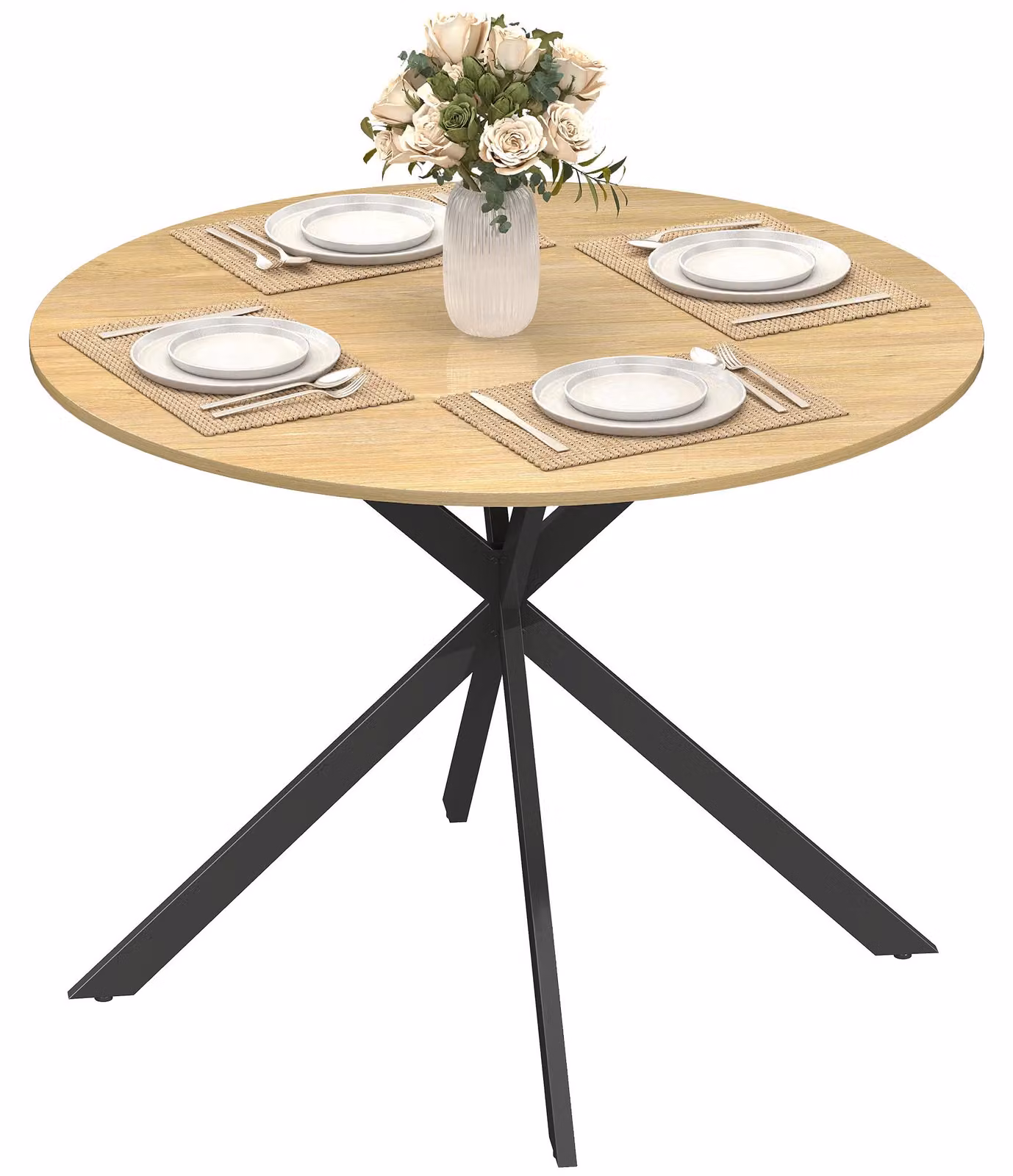 Tavolo da pranzo rotondo per 4 persone, tavolo da cucina in stile industriale con gambe in acciaio, per sala da pranzo, cucina, rovere