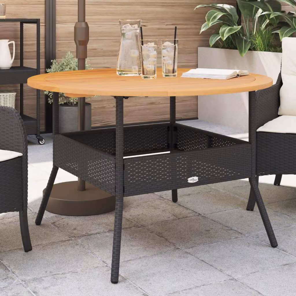 Tavolo da giardino rotondo vidaXL in legno di acacia oliato e polyrattan nero, Diametro: 110 cm, Altezza: 71 cm