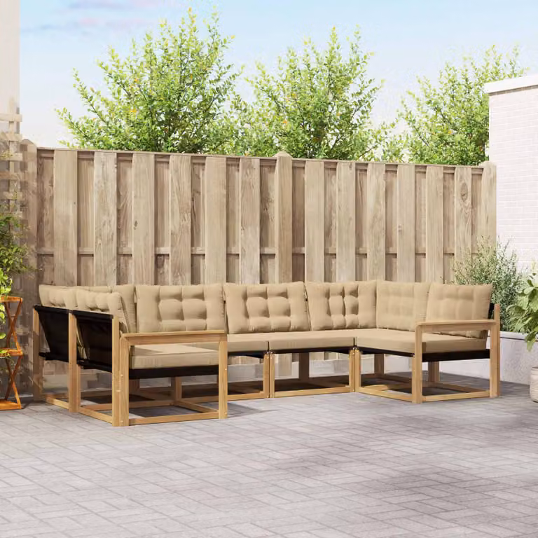Set di divani da esterno vidaXL in legno di acacia con cuscini, 6 pezzi, Bianco e Beige