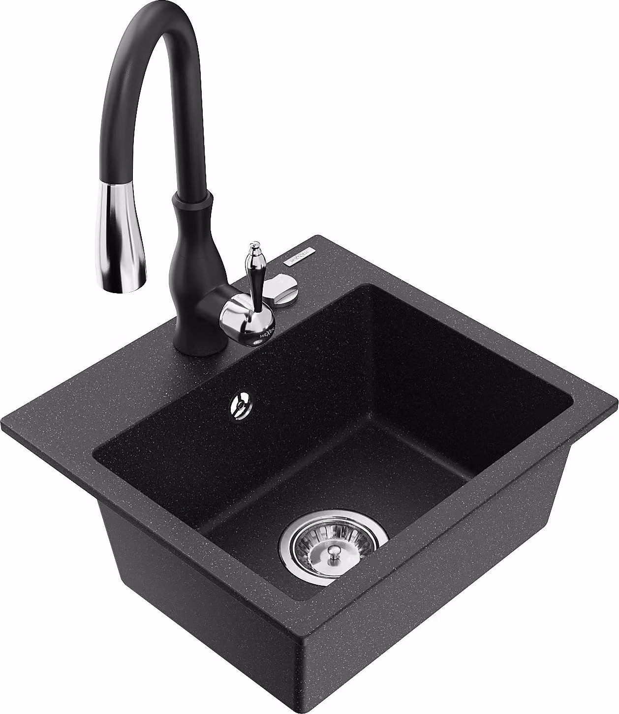 Mexen Milo lavello in granito a 1 vasca con rubinetto da cucina Savita, nero/argento metallizzato- 6505-73-672601-70