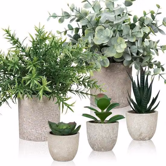 Set di piante artificiali, piccole verdure artificiali in vaso, eucalipto e rosmarino, piante finte per l'ufficio, il soggiorno e il davanzale