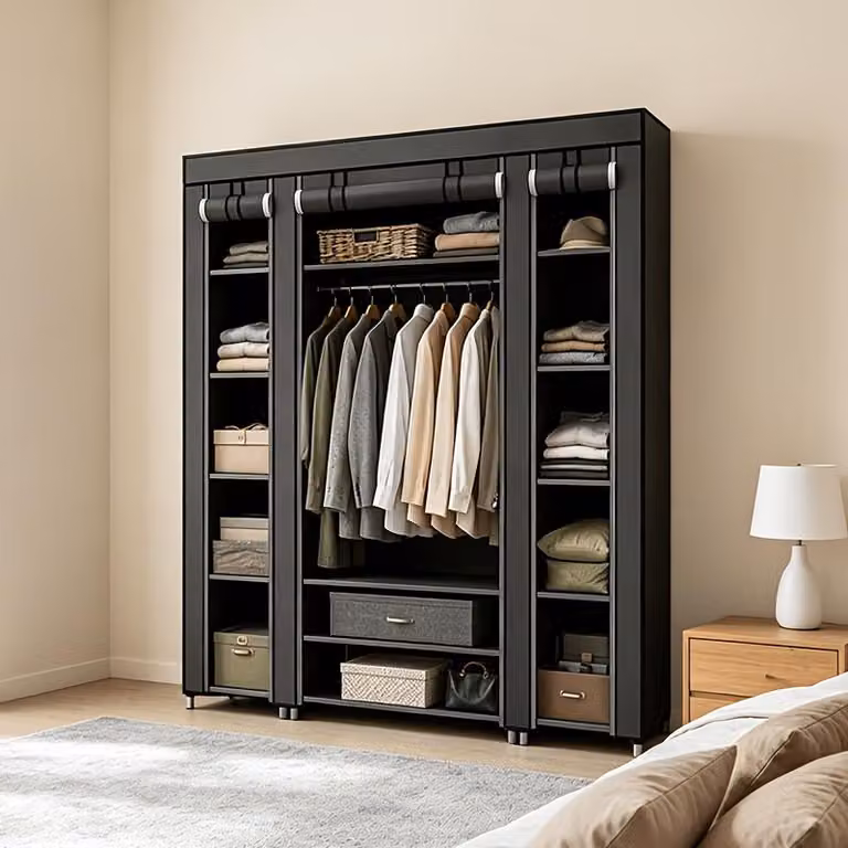 Armadio portatile pieghevole in tessuto, dimensioni 175,26*149,86*44,96 cm, nero/grigio - Organizzatore per armadio portatile con asta appendiabiti e ripiani