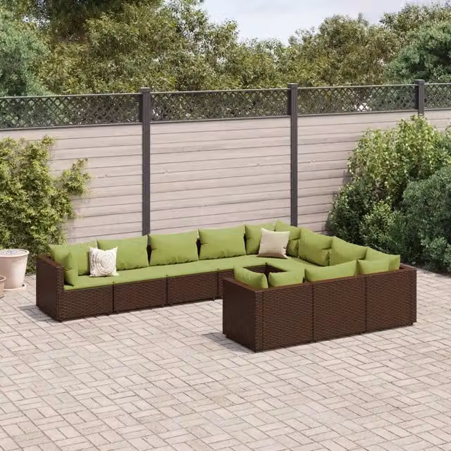 Set di divani da giardino a forma di U vidaXL in rattan marrone e verde con cuscini inclusi e struttura in metallo rivestito in polvere – 1