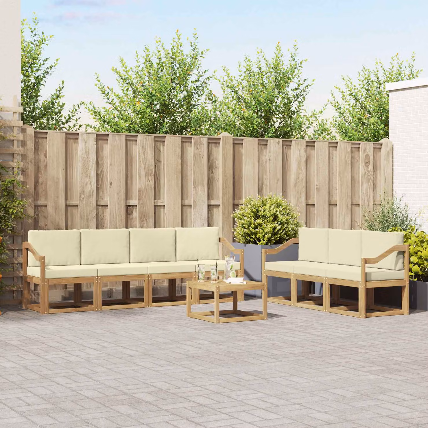 Set di divani da esterno vidaXL 7 pz in legno di acacia marrone e beige con cuscini inclusi design moderno a L