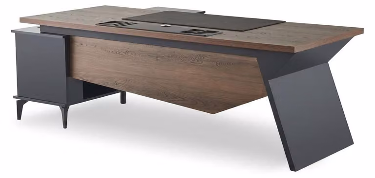 Scrivania da ufficio in stile moderno, design elegante, colore marrone. Arredamento per ufficio