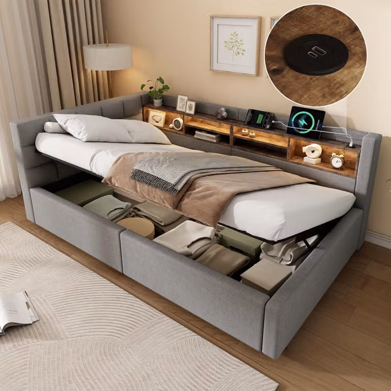Divano letto Flieks 90x200 cm con USB e rivestimento in ecopelle, letto imbottito per ragazzi con contenitore a sollevamento idraulico e ripiani, divano letto "daybed" in lino, colore grigio