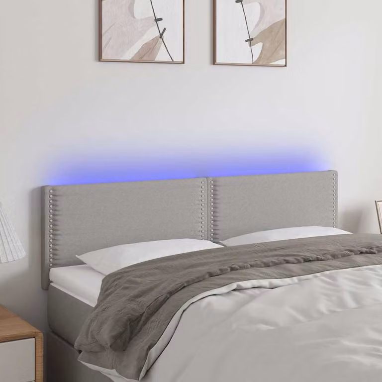 Testiera per letto vidaXL in tessuto grigio con illuminazione LED e porta USB, L 144 x P 5 x H 78/88 cm