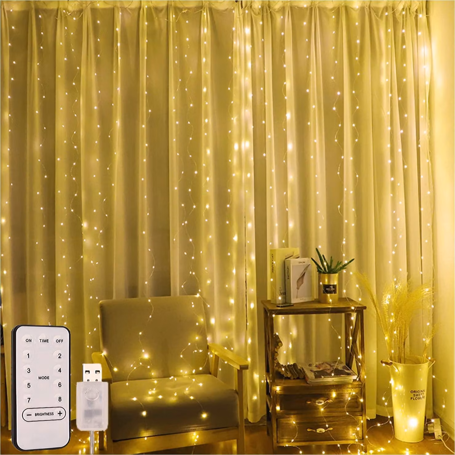 Tenda luminosa a LED, 3x3 metri, 300 LED bianco caldo, 8 modalità, alimentazione USB