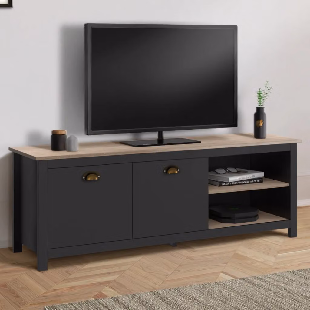 Mobile TV IDMarket ISIS in legno vintage e nero, L: 140 cm, P: 40 cm, H: 50 cm – 2