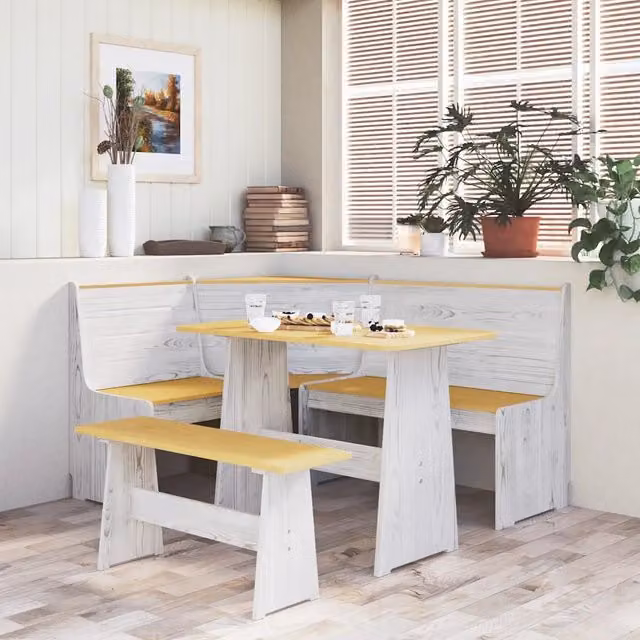Panca angolare da esterno REINE Design Mania in legno di pino ambra e bianco L: 151 cm