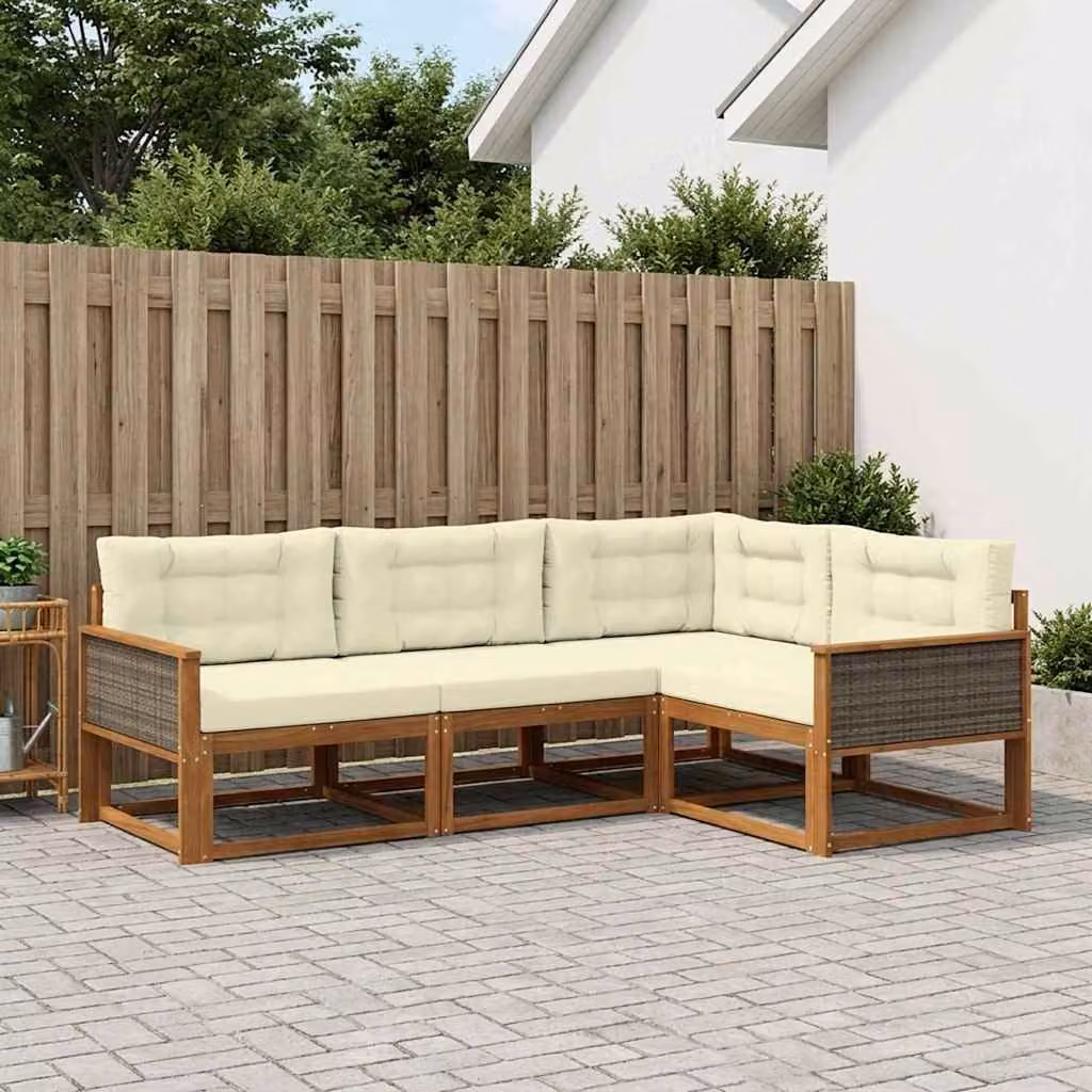 Set di divani da esterno vidaXL a forma di L in legno di acacia con cuscini, marrone e beige