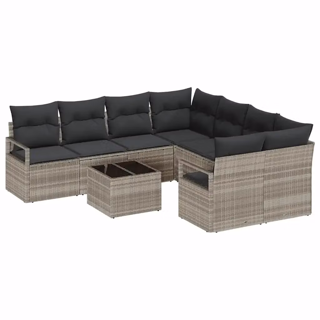Set di divani da giardino vidaXL a forma di U con 9 pezzi, colore grigio chiaro e nero, con cuscini rimovibili e tavolino da esterno – 2