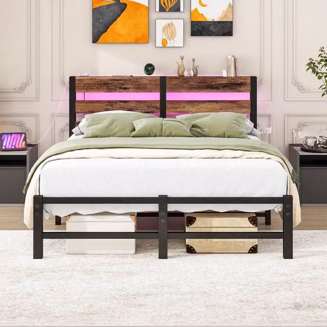 Letto matrimoniale 120x200 cm in metallo e legno con LED RGB, USB e spazio contenitivo