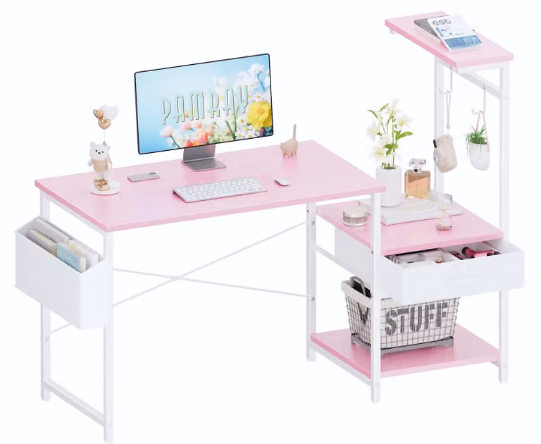 Scrivania da 127 cm con cassetto e ripiano, color rosa
