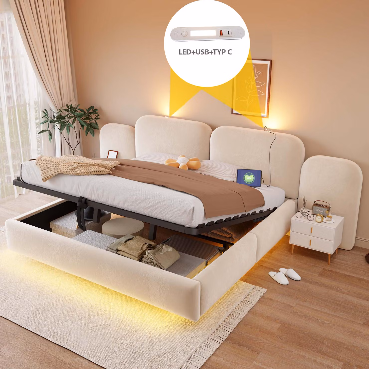 Letto matrimoniale idraulico imbottito 180x200 cm con USB e porta di tipo C, letto matrimoniale con contenitore, luce notturna e rivestimento in ecopelle, letto multifunzionale in velluto, color beige