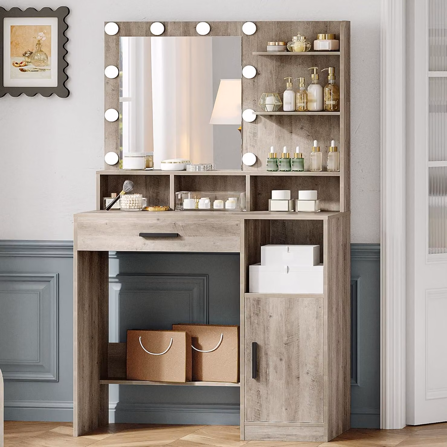 Comò da trucco con specchio e 10 luci LED - Comò con ripiani e grande cassetto - Bianco