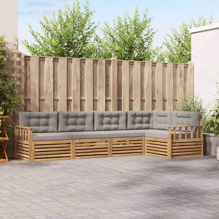 vidaXL Set di divani da esterno a L composto da 6 pezzi in legno di acacia con cuscini, Bianco e Grigio