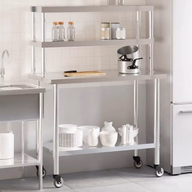 Tavolo Lavoro Cucina con Ripiano-Piano di Lavoro Cucina 110x55x150 cm Acciaio Inox 216062