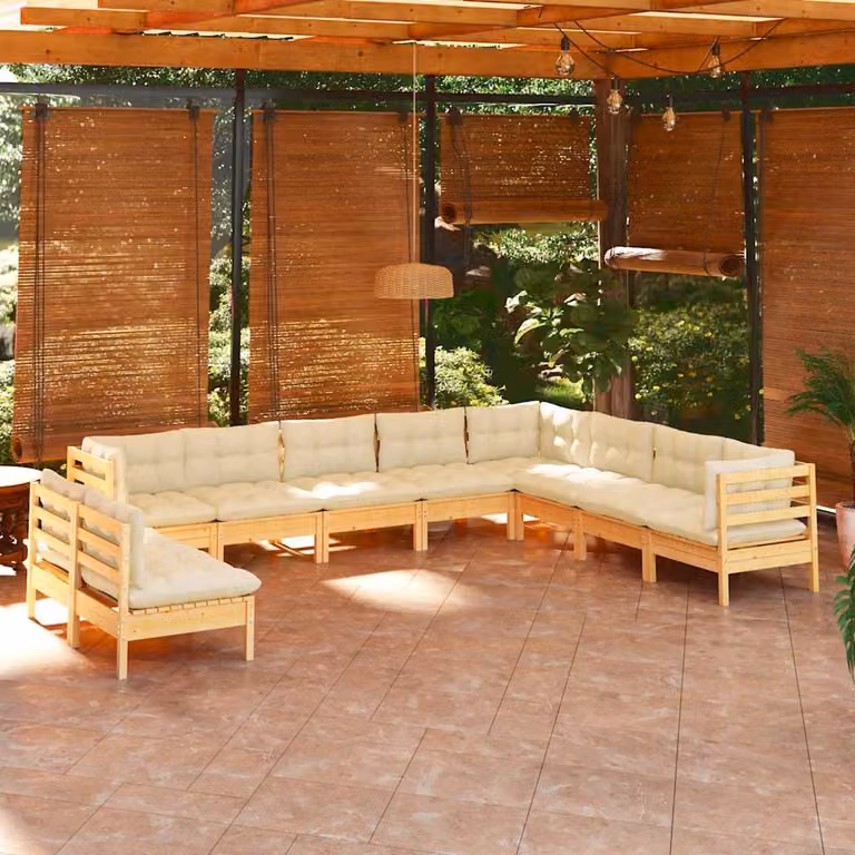 Set di divani da giardino vidaXL in legno massello di pino con cuscini beige a forma di L