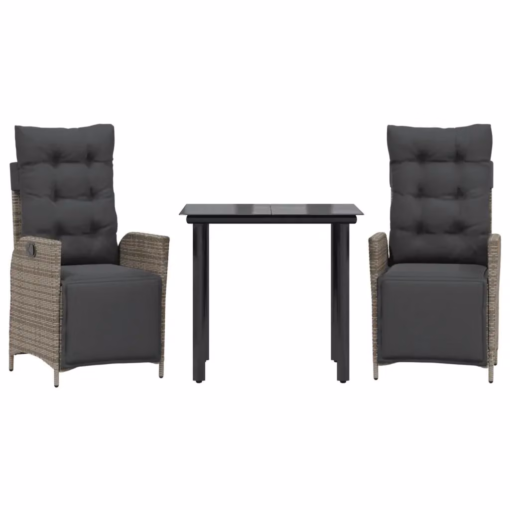 Set da Pranzo da Giardino 3 pz vidaXL in Polyrattan Grigio e Nero con Piano in Vetro – 2
