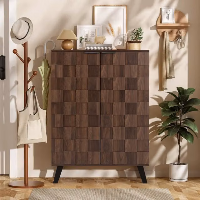 Mobile scarpiera Minimal con 5 scomparti e ripiani regolabili, finitura legno effetto rovere scuro marrone, L: 80 cm, P: 35,5 cm, H: 110 cm – 1