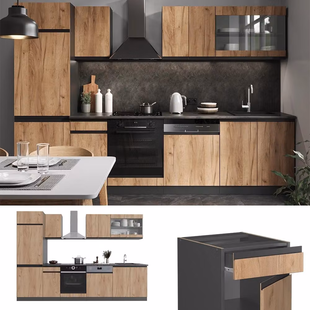 Cucina componibile moderna Vicco R-Line J-Shape in Rovere dorato e Antracite, L: 300 cm – 2
