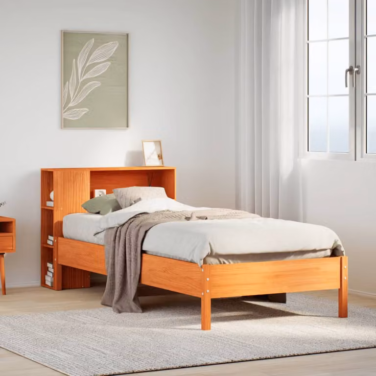 vidaXL Letto Libreria in Legno di Pino Massello Marrone Cera con Ripiani Laterali L/P/H: 229.5 x 106.0 x 82.0 cm