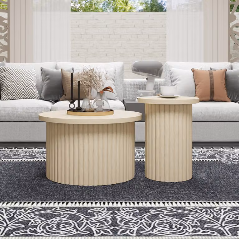 Set di tavolini rotondi Sweiko in confezione da 2 con aspetto in legno naturale e struttura a forma di onda - tavolino integrato, ideale per il soggiorno, la camera da letto, lo studio o l'ufficio