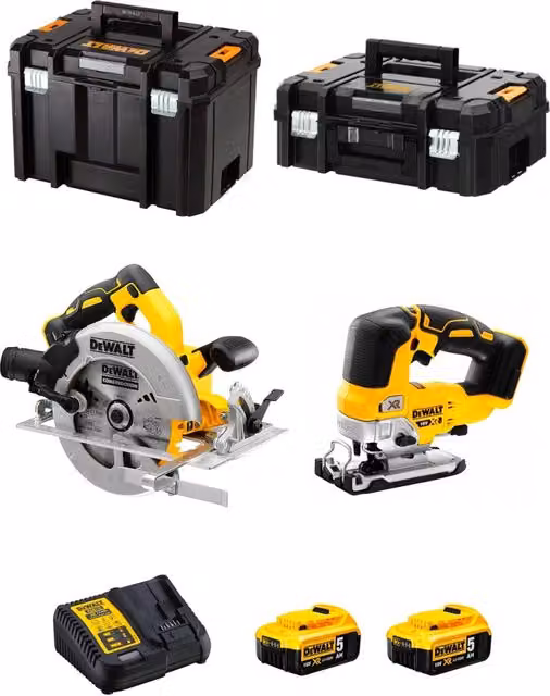 Kit DeWALT DCS570 e DCS334 con 2 batterie da 5,0 Ah, caricabatterie DCB115 e contenitori TSTAK II e TSTAK VI, Giallo