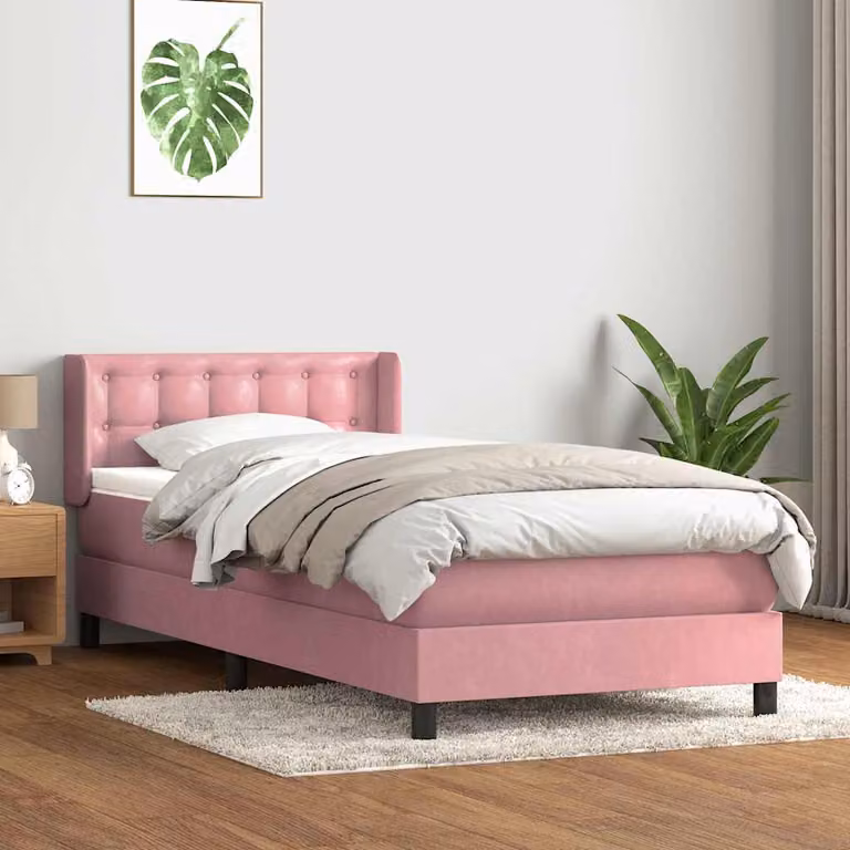 Giroletto a molle con materasso ibrido vidaXL in velluto rosa e bianco L: 223 cm, P: 88 cm, H: 83 cm