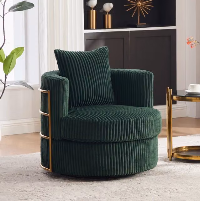 Poltrona girevole 360° in velluto a coste verde smeraldo con vano contenitore HOMVRA