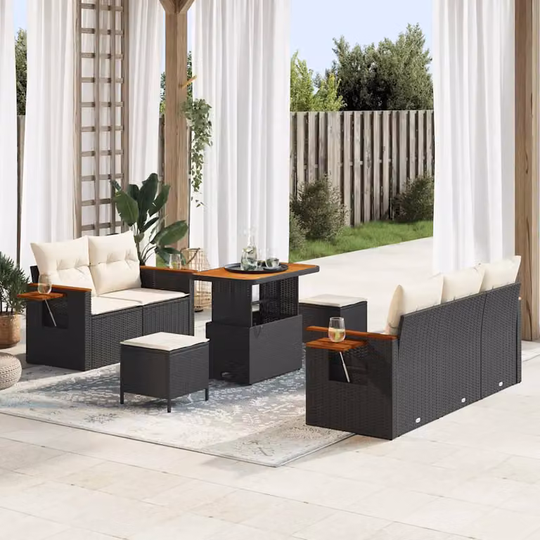 Set Divano da Giardino vidaXL a Forma di L con 10 Pezzi, Nero e Beige, con Tavolino e Pouf, Struttura in Metallo e Polyrattan