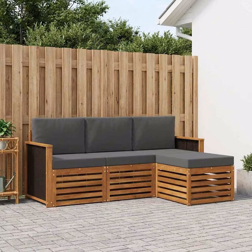 Set di divani da esterno vidaXL a forma di L in legno di acacia con pouf e cuscini, Colore Beige e Antracite