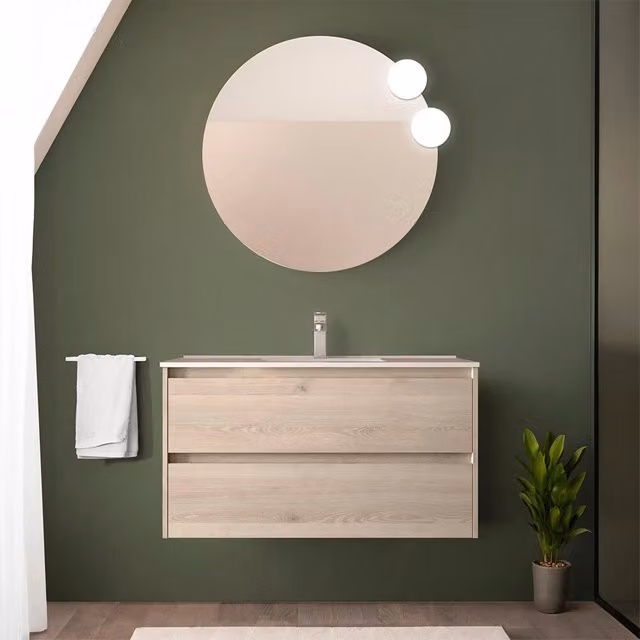 Mobile bagno sospeso Inbagno in rovere color marrone con lavabo ad incasso Gaya e ante con cassetto soft close – 1