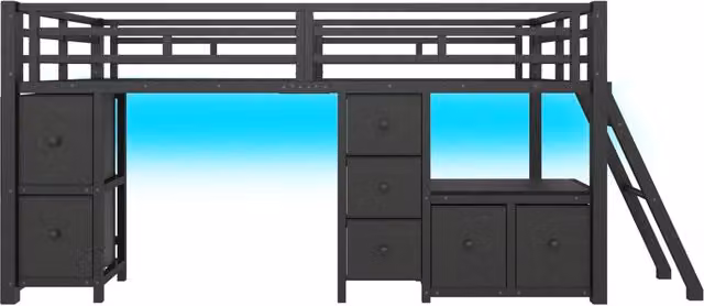 Letto rialzato per bambini 90x200 cm con 7 cassetti, libreria e luce LED