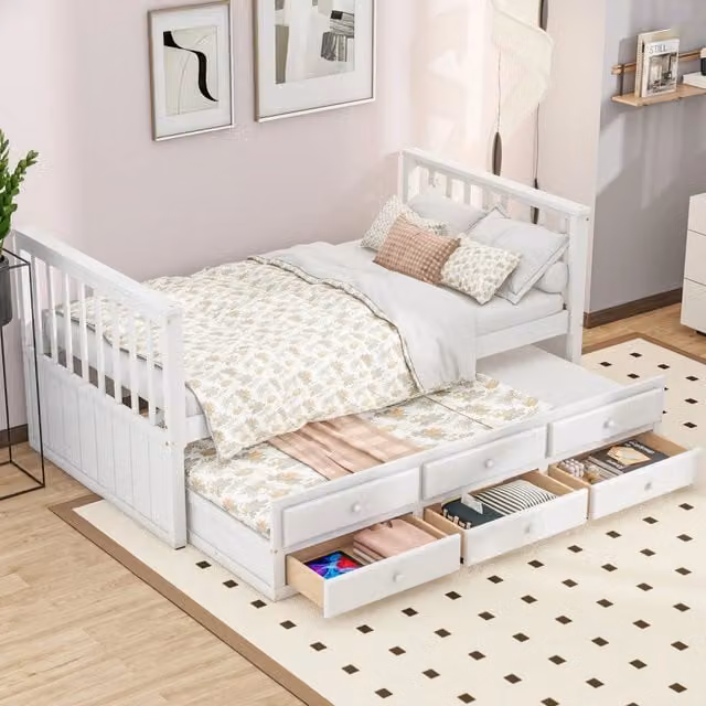 Letto singolo estraibile OKWISH in pino massiccio bianco con 3 cassetti, L/P/H: 90 x 200 x 96 cm