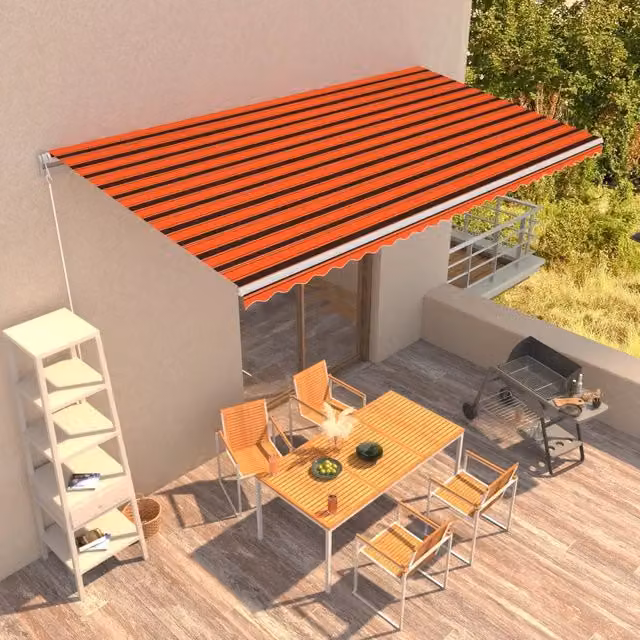 Tenda da sole retrattile manuale VIDAXL con bracci pieghevoli in alluminio e tessuto in poliestere, colori arancione, marrone e bianco, L: 600 cm, P: 300 cm